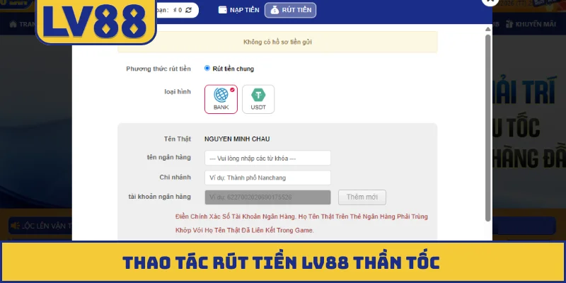 Thao tác rút tiền LV88 thần tốc